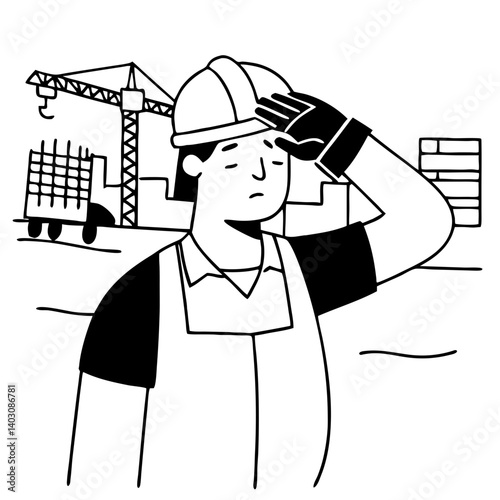 Construction Worker Shielding Eyes from Sunlight at Building Site Vector Illustration