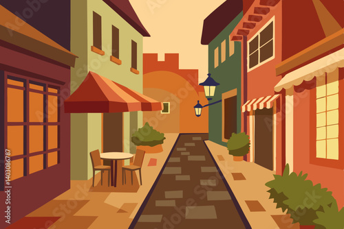 Old brick architecture of a historic European city street with blue sky