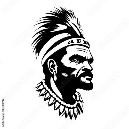 Courageous Tribal Warrior Profile with Feathered Headdress and Ornate Necklace