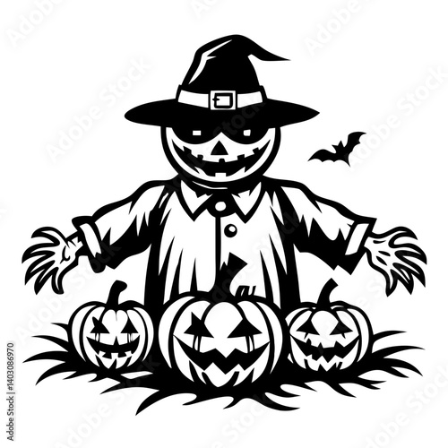 Halloween Scarecrow with Jack o Lantern Pumpkins and Bats for Spooky Designs