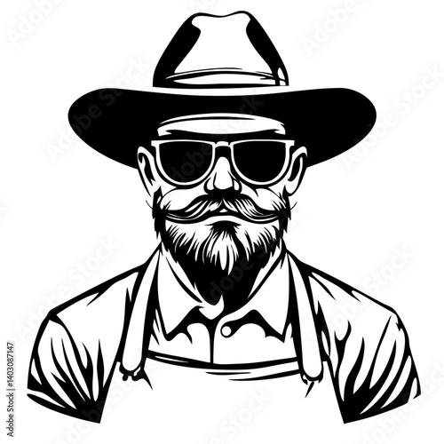 Vintage Cowboy with Sunglasses and Mustache Vector Illustration for Tattoo and Design