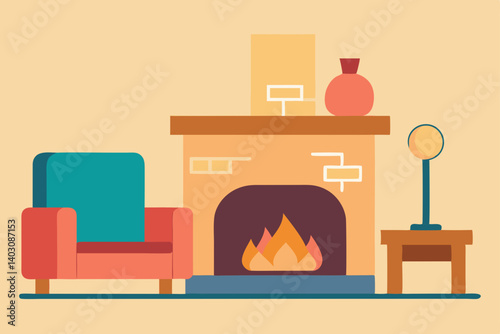 A cozy and modern living room interior features a stylish fireplace, perfect for relaxation