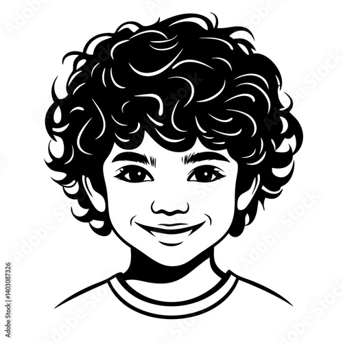 Cheerful Boy Portrait with Curly Hair Suitable for Coloring Books and Illustrations