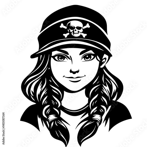 Cool Pirate Girl with Braids and Skull Cap Vector Art for Tattoos and Coloring Pages