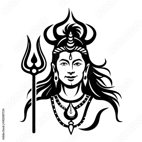 Detailed Vector Illustration of Majestic Hindu God Shiva with Trident Symbol for Tattoos and Art