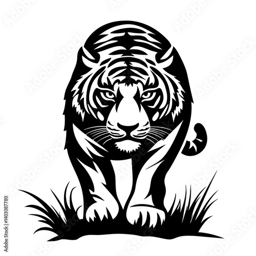 Majestic Tiger Silhouette Roaring Through Grass Perfect for Tattoo Design and Art Print