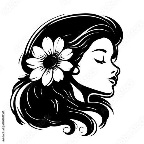 Elegant Profile of a Woman with Flower for Tattoo Design or Coloring Book Art