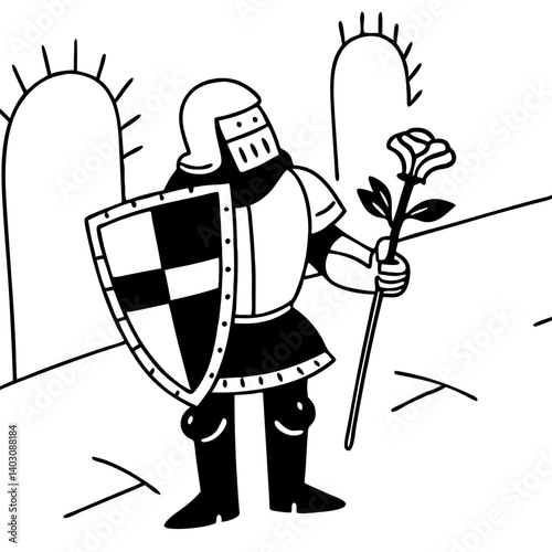 Knight Holding Rose Shield Cartoon Character for Tattoo Design and Coloring Book Art