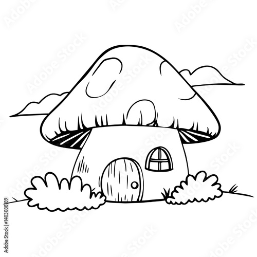 Whimsical Mushroom House Illustration for Coloring Books and Fantasy Art Projects