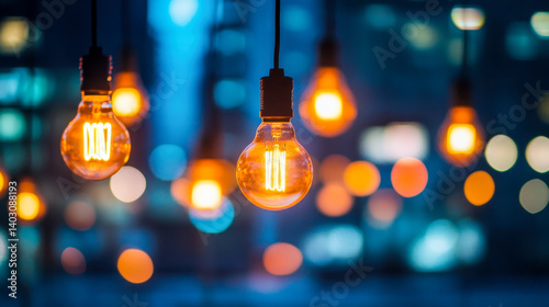 High-rise office building illuminated by vertical LED lights at night with a blurred backdrop photo