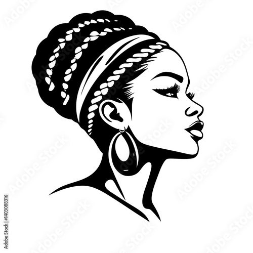 Stylish Profile Illustration of a Woman with Braided Hair and Statement Earrings