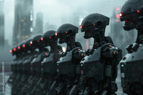 Futuristic police robots in formation in a misty urban landscape for technology concept art