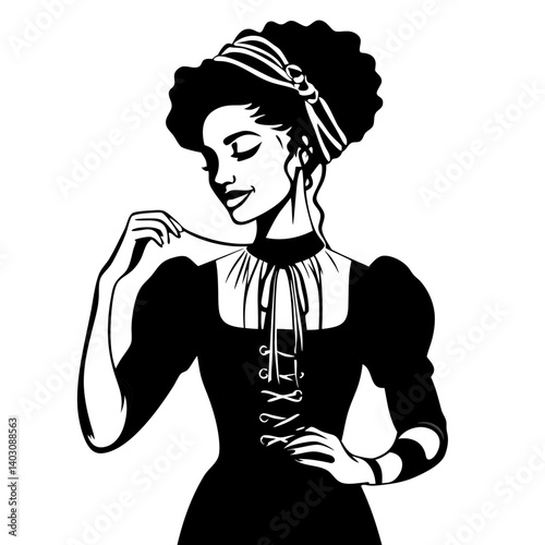 Elegant Vintage Woman with Curly Hair in Historical Dress Displaying Fashion Sense
