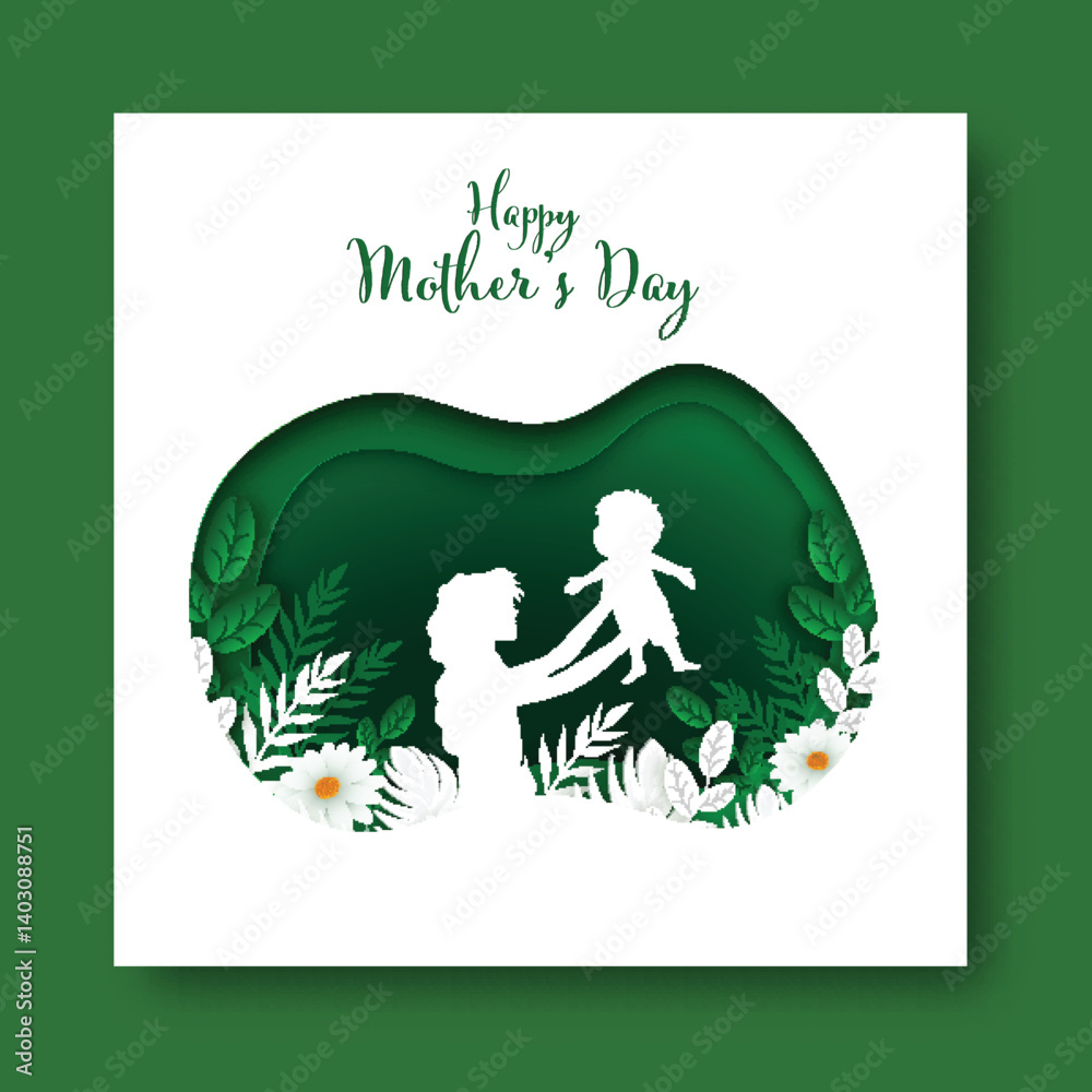 Fototapeta premium Happy Mother's Day Post with Cartoon Mother Playing Her Newborn Baby in Paper Cut Garden Background.