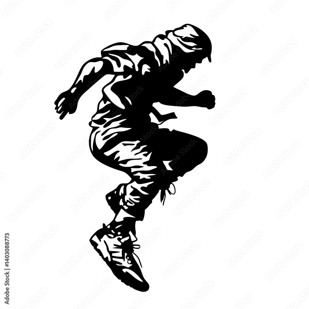 Dynamic Urban Dancer in Mid Air Jumping Pose for Street Art and Graffiti Projects Dynamic Urban Dancer in Mid Air Jumping Pose for Street Art and Graffiti Projects