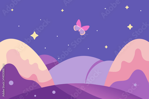 Winter night landscape with stars moon and snowy mountains