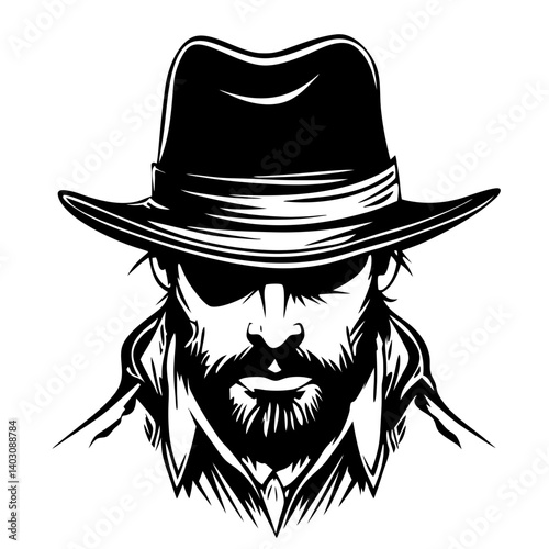 Mysterious Cowboy Character Portrait with Hat and Beard for Tattoo Design and Graphic Use