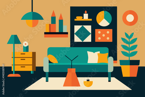 Vector illustration of living room interior furniture set with sofa, chair, and table icons for home design