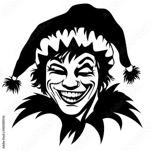 Grinning Jester Face with Playful Hat Ideal for Tattoo Design and Graphic Art Projects