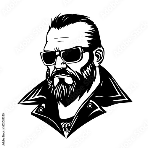 Stylish Barber with Beard and Sunglasses in Leather Jacket for Tattoo Design and Coloring Book