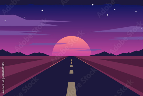 Desert highway at night under a vast, cloud-filled sky, a solitary journey towards the horizon's light