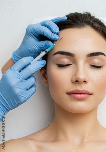 Botox injection Woman receiving forehead treatment close up view with sterile gloves and needle