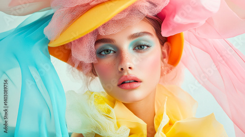 Spring fashion portrait featuring a model with pastel makeup and colorful props