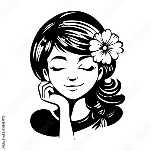 Peaceful Young Girl with Flower in Hair Smiling Illustration for Tattoo and Coloring Book Designs