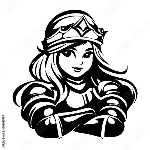Beautiful Warrior Princess Character in Elegant Armor for Tattoo Design and Coloring Books