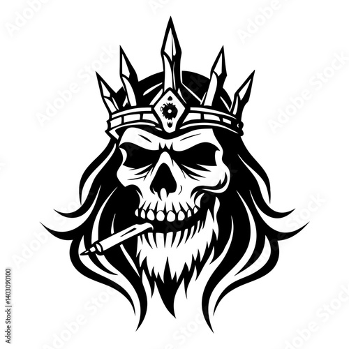 Menacing Skull King with Crown and Cigarette for Edgy Tattoo Art and Graphic Design