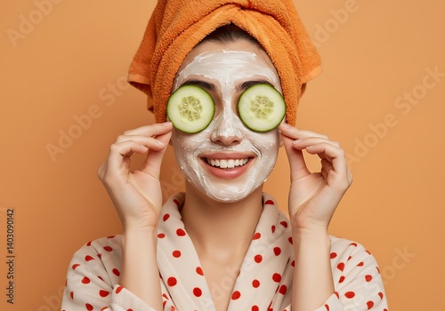 Happy woman with face mask cucumber enjoying self care spa day bright orange background