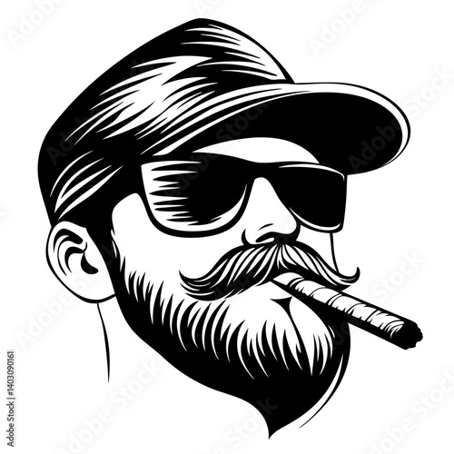 Stylish Hipster Man with Beard Sunglasses and Cigar Vector Illustration for Tattoo Design