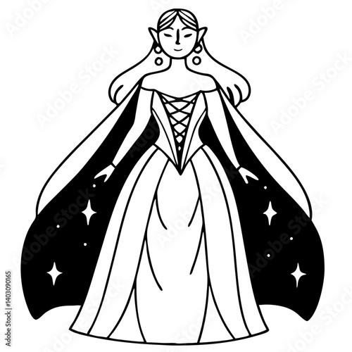 Elegant Enchantress in Flowing Gown with Celestial Cape for Fantasy Art and Coloring Projects