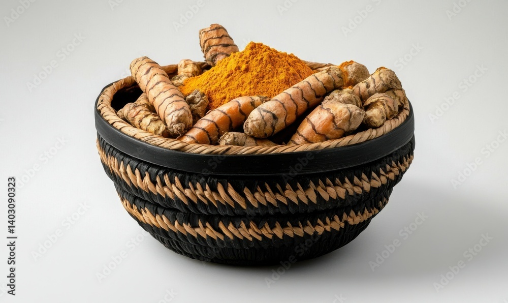 Fresh Turmeric Powder in Black Bowl with Raw Roots in Basket