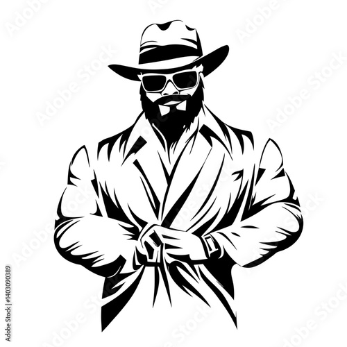 Stylish Bearded Man Wearing Sunglasses and Fedora in Overcoat Illustration for Tattoo Design