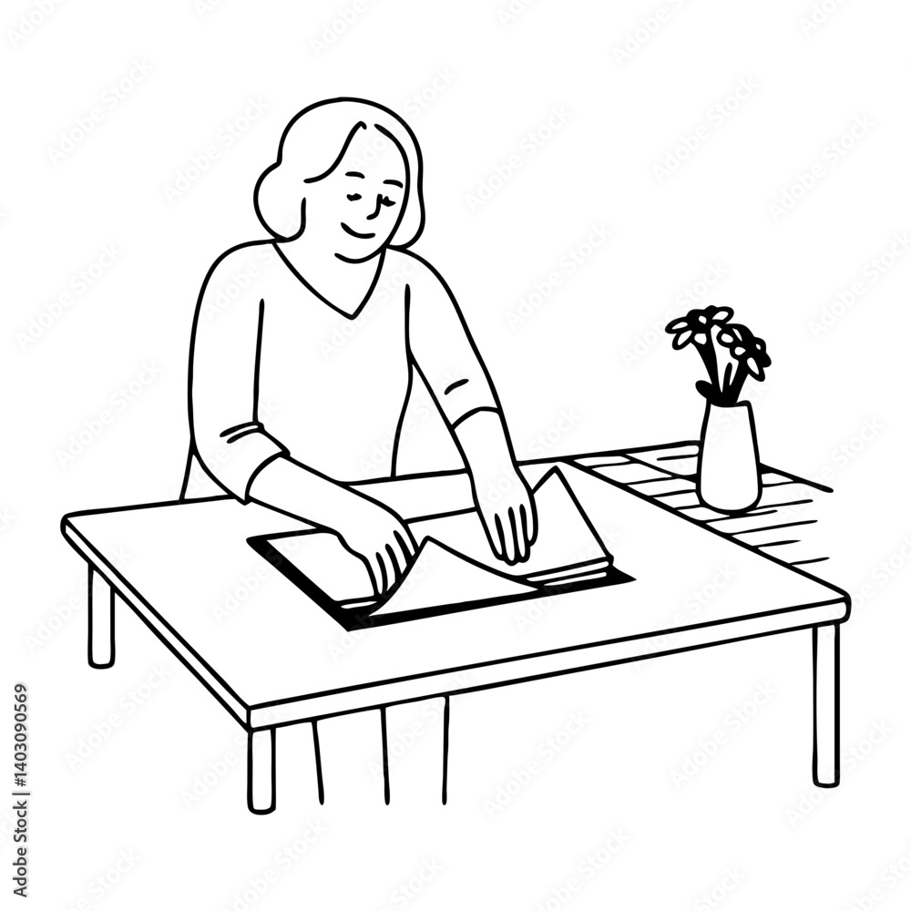 Woman Enjoying Creative Time with Paper Crafting on Table Surrounded by Flowers