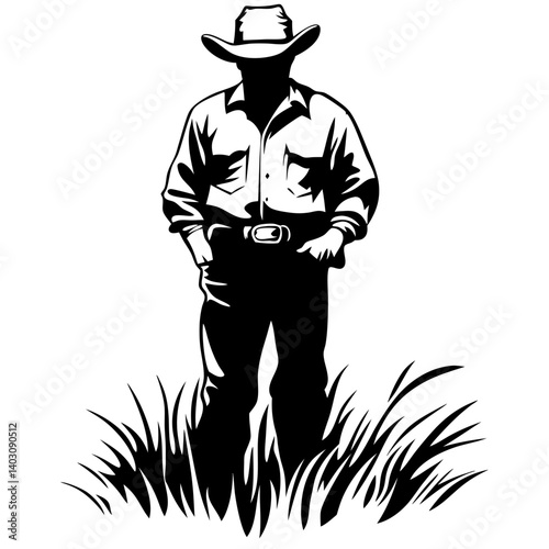 Silhouette of a Cowboy Standing Proudly in Tall Grass Ideal for Western Themes and Designs