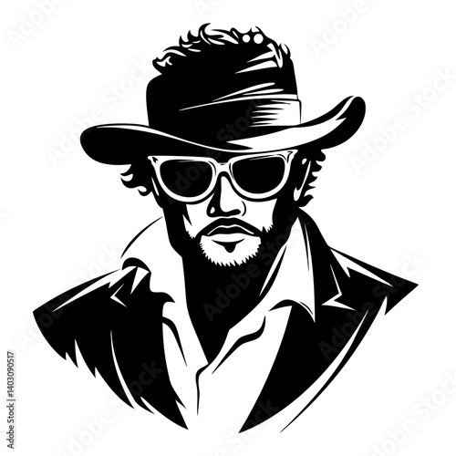 Stylish Male Figure in Sunglasses and Hat Bold Black and White Illustration for Graphic Design