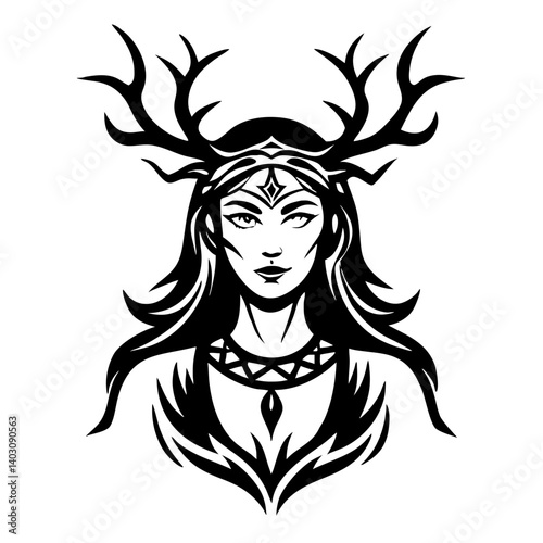 Elegant Female Figure with Antlers and Mystical Accessories for Tattoo and Coloring Designs