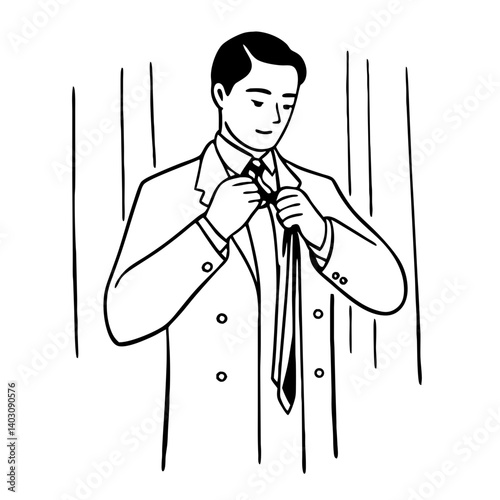 Men's Fashion Illustration of a Gentleman Tying a Tie in a Suit for Style Guides