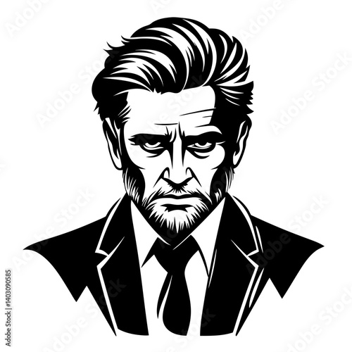 Stylized Vintage Man Portrait with Thick Hair and Beard in Suit for Modern Design Projects