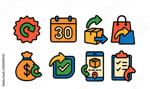 Set of icons: reload gear, calendar, box, shopping bags, money bag, checklist, phone.