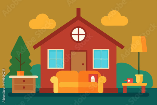 Vector illustration of a residential house with trees and a sunny sky, ideal for nature or city landscape design