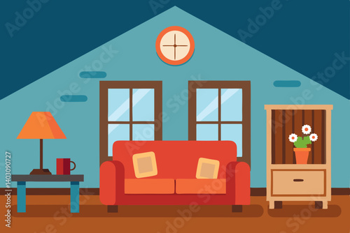 Bright and modern living room interior with a comfortable sofa and a large window offering a view of the cityBright and modern living room interior with a comfortable sofa and a large window offering 