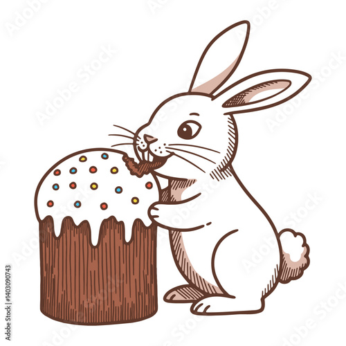 bunny eating a decorated Easter cake cute illustration