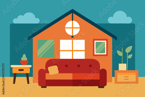 Contemporary living room interior with sofa, window, and modern home furniture design