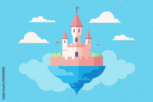 Whimsical cartoon castle town in the sky, a fantasy building with towers and a flag, a fairytale fortress illustration