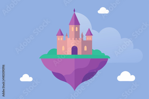 Fantasy fairytale castle in the sky, a charming cartoon princess illustration