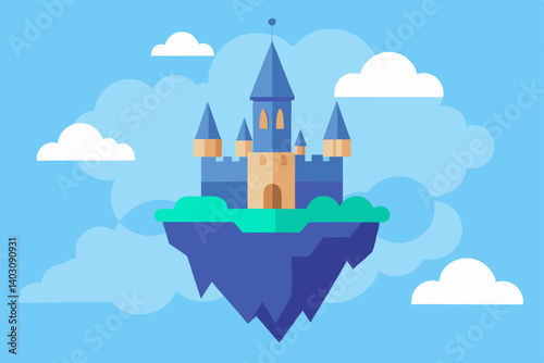 Fantasy castle in the clouds, a whimsical illustration of a fairytale town with towering buildings, 