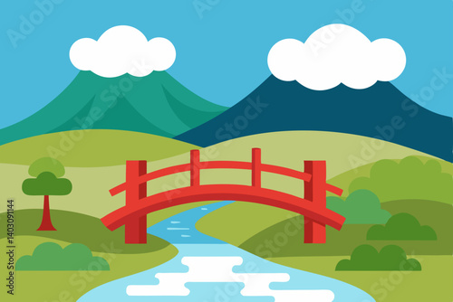 Vector illustration of a summer road through a green meadow to distant mountains under a blue sky with clouds